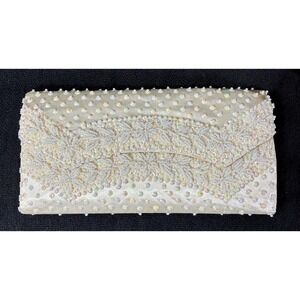 Vintage Stylecraft Miami Beaded Sequin Satin Clutch Bag White Bridal Evening